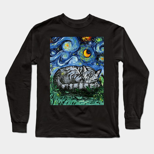 Sleepy Gray Tabby Night Long Sleeve T-Shirt by sagittariusgallery